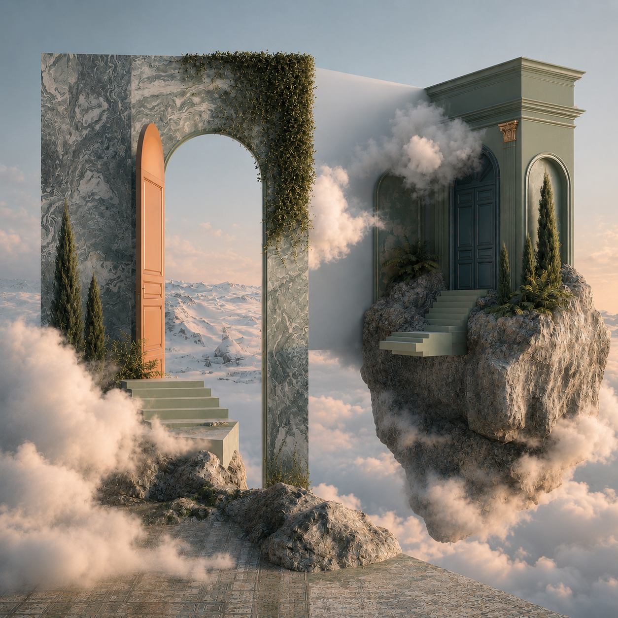 Architectural arch framing a coastal landscape with a travel bag
